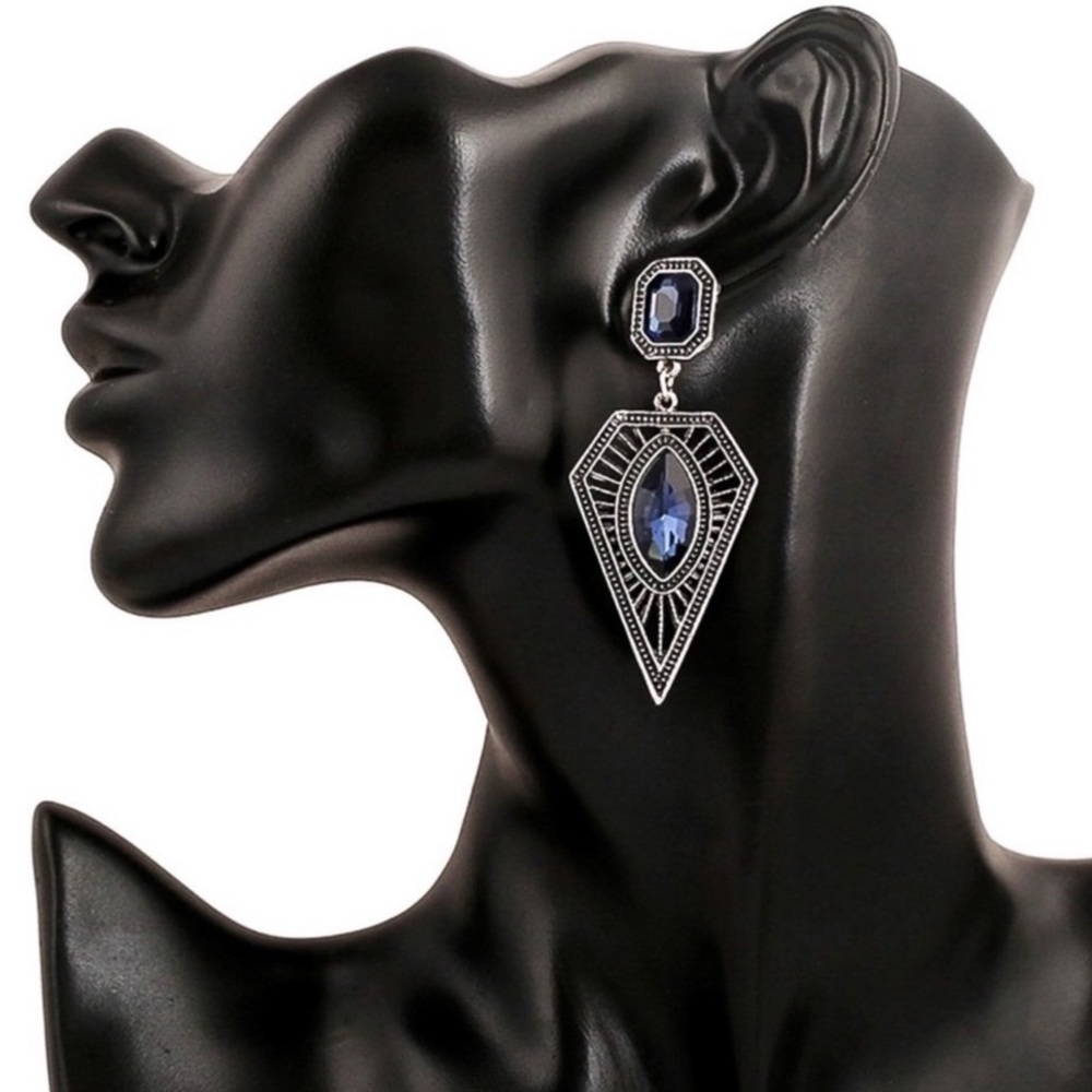 Vintage Silver Blue Gem Dangle Stud Earrings - Picture 7 of 8